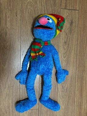 Blue Plush Grover-Inspired Kids Toy with Festive Hat and Scarf